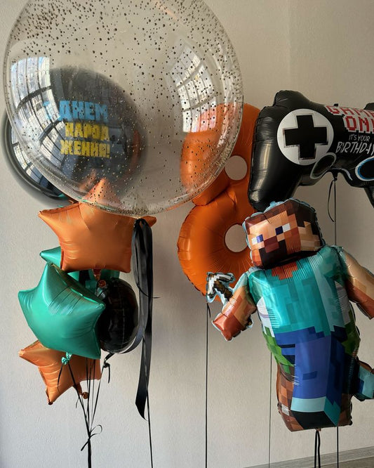 Personalised Clear with Black Latex and Sticker, Single Number Set of Orange Number ‘8’ Balloon with Game Controller, Minecraft Character, Green Orang Star Foil and Clear with Confetti Helium Bunch - Minecraft-Themed Perfect for any Occasions