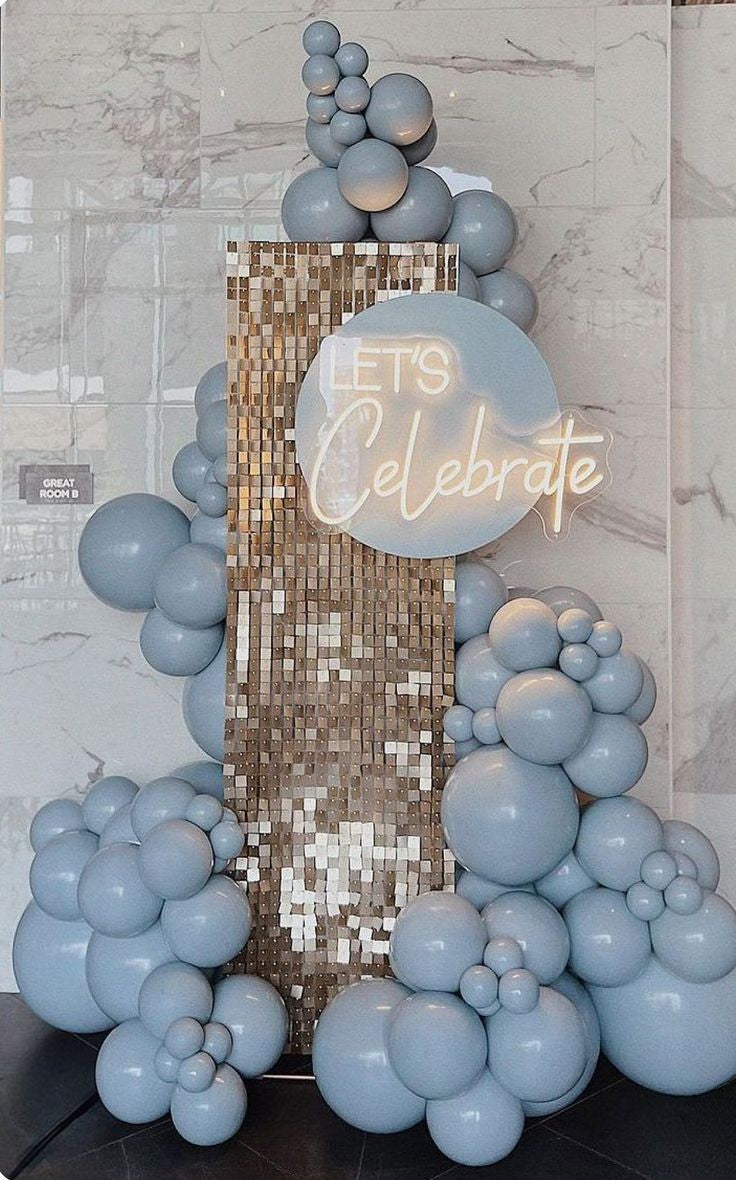 Gold Shimmer Wall Setup with Balloon Blue, LED Acrylic "Let's Party" - Perfect for any Celebration