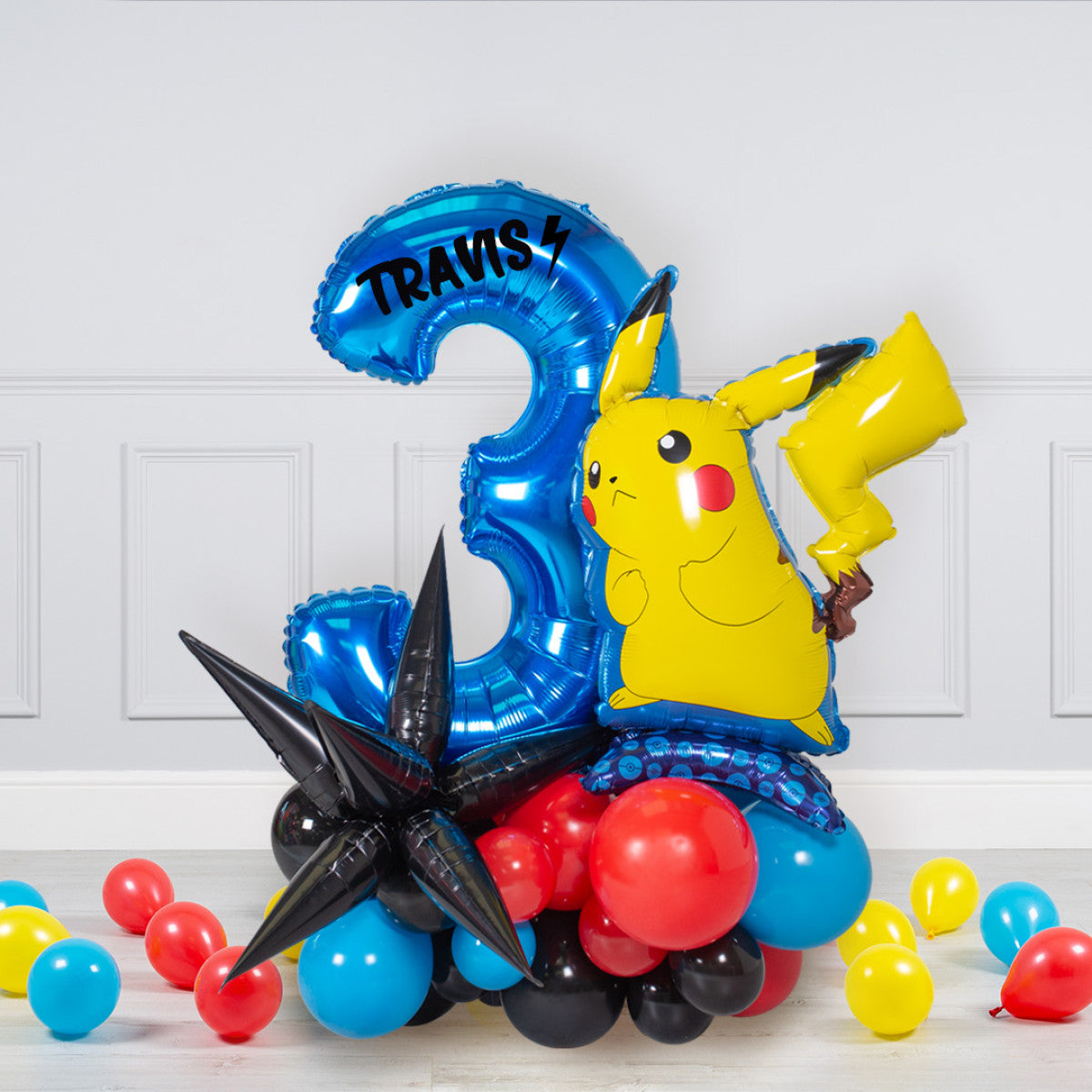 Blue, Yellow, Red and Black Number Balloon on Stand '3' Pikachu-Themed - Customizable Sticker and Balloon Design