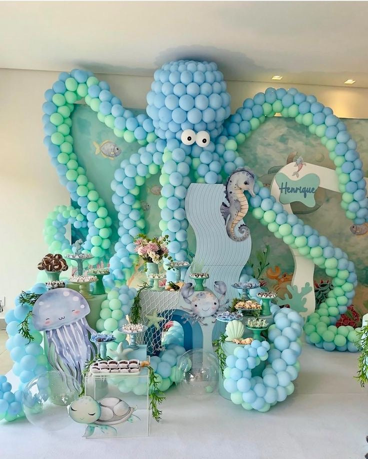Setup of Customizable Backdrop with Mini Foam Board Sea Creatures, Flowers, 3pcs Cake Stand Decor and Balloon Designed Green and Blue Octopus - Sea-Themed Perfect for special occasions