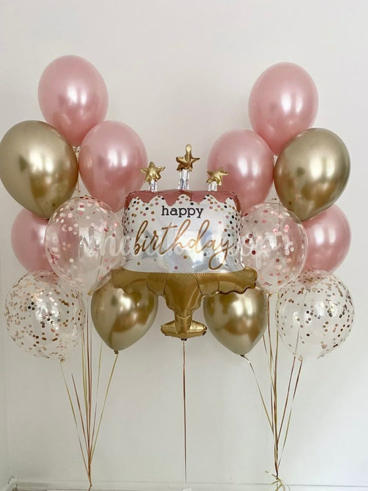 Helium Balloons Foil Cake "Happy Birthday" and Latex Bunch Pink, Light Gold and Clear with Confetti - Perfect for any Occasions
