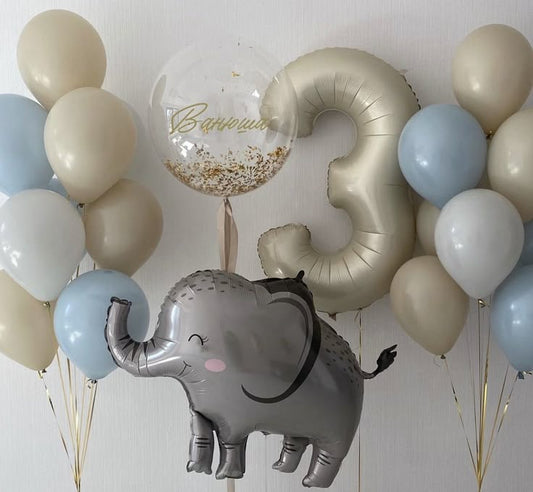 Personalised Helium Balloon Clear with Confetti and Dust White, Sand White and Blue Latex Bunch, Beige ‘3’ Number, Elephant Animal Balloon and Ribbons - Perfect for any Occasions
