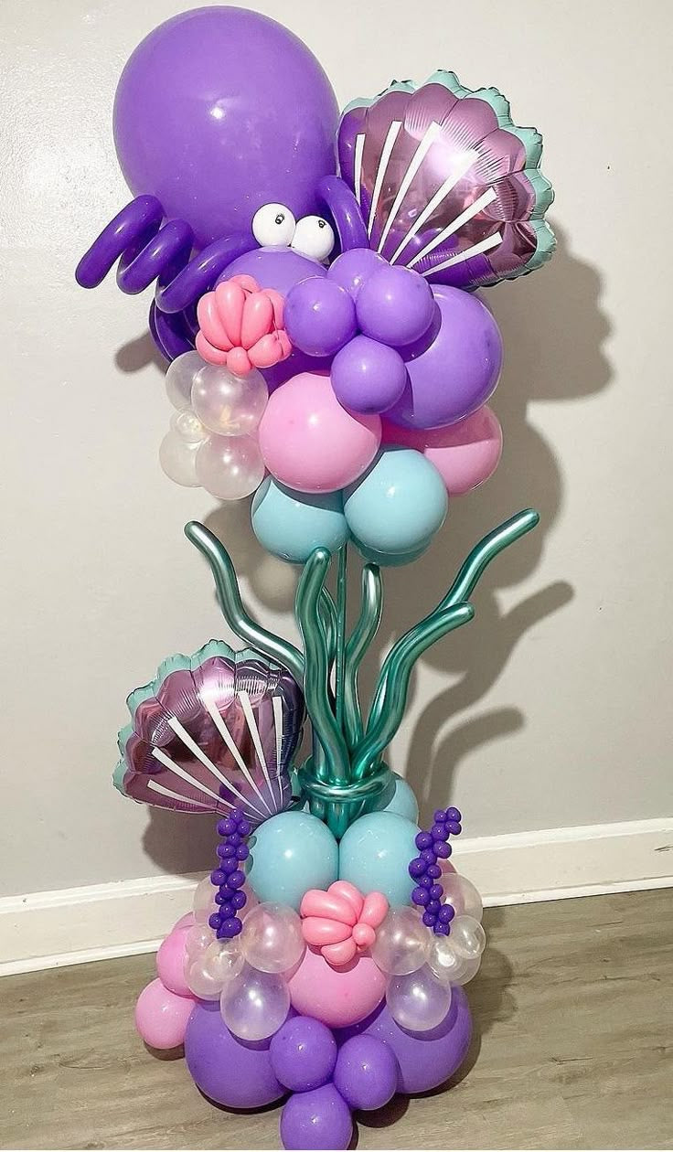Personalised Pillar/Column/Tower Purple, Pink, Green and Clear with Shells Foil – Sea-Themed Perfect for Any Celebrations