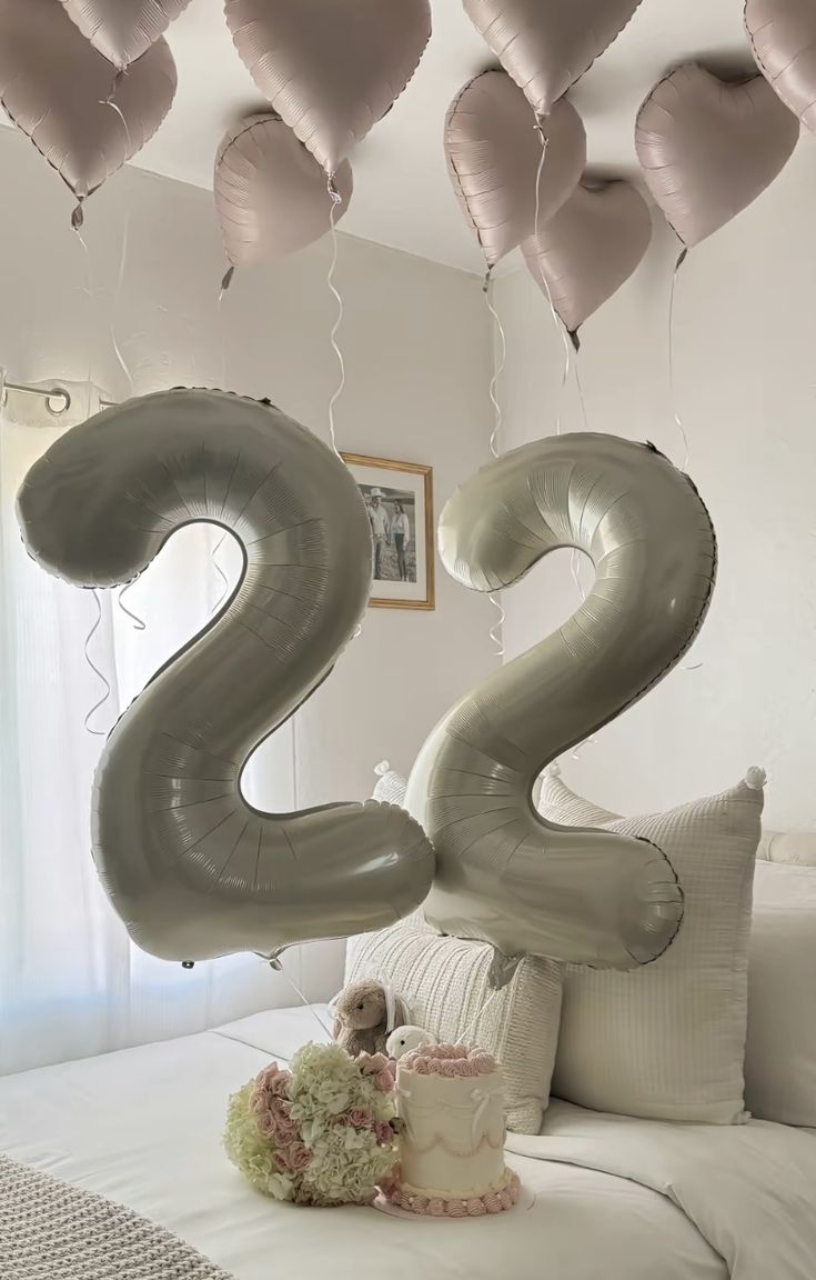 Helium Balloons Two Number Set Beige '22' with Ceiling Pink Heart-Shaped Foil - Perfect for any Occasions!