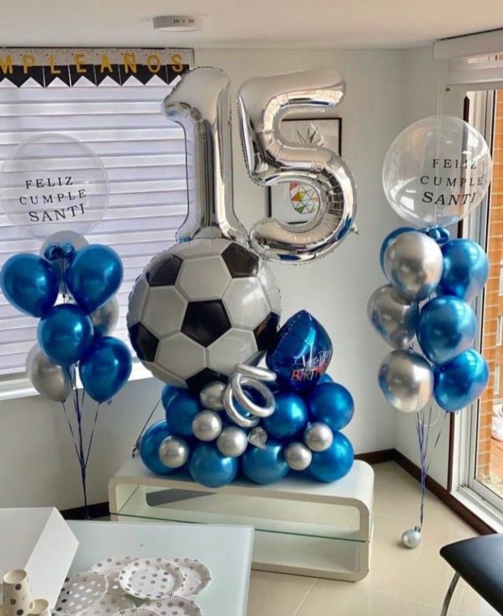 Personalised Helium Balloon Two Number Set of Silver Number ‘15’ Balloon with Chrome Blue and Silver Helium Bunch and Soccer Ball Balloon on Stand - Sports-Themed, Football-Themed, Soccer-Themed Perfect for any Occasions