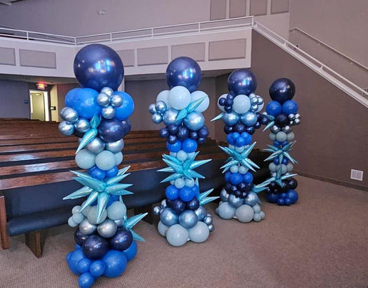 Personalised Company Logo Sticker Balloon Different Shades of Blue with Starburst accents Pillar/Column/Tower - Corporate Event, Grand Opening, Company Event Perfect for special occasion!
