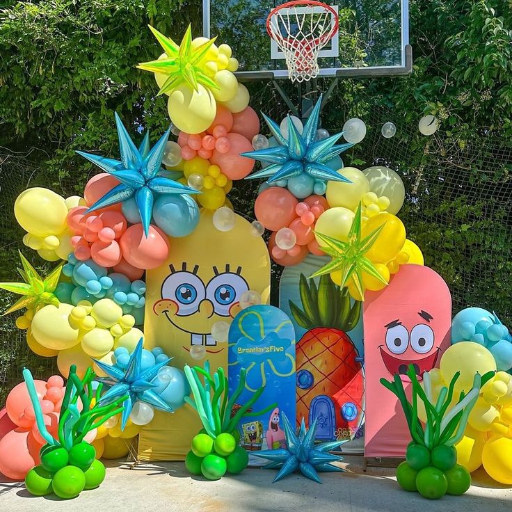 Customizable Board Backdrop with Balloons Clear, Yellow, Peach, Blue and Green with Stars Accents SpongeBob-Themed - Perfect for any occasions