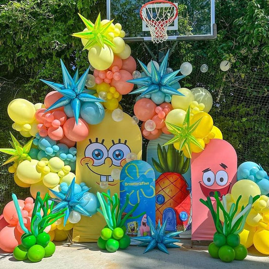 Customizable Board Backdrop with Balloons Clear, Yellow, Peach, Blue and Green with Stars Accents SpongeBob-Themed - Perfect for any occasions