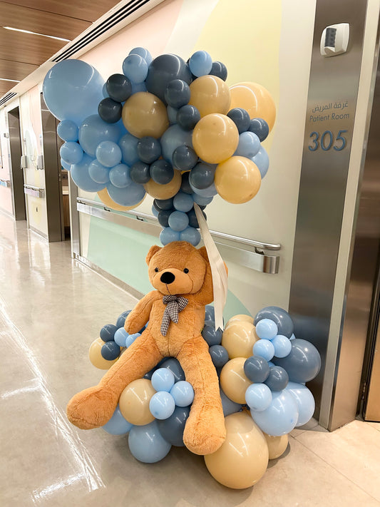 Hospital Welcoming Baby Balloon Beige and Blue Cloud-Themed Decor Setup with Teddy Bear - Perfect for special occasions