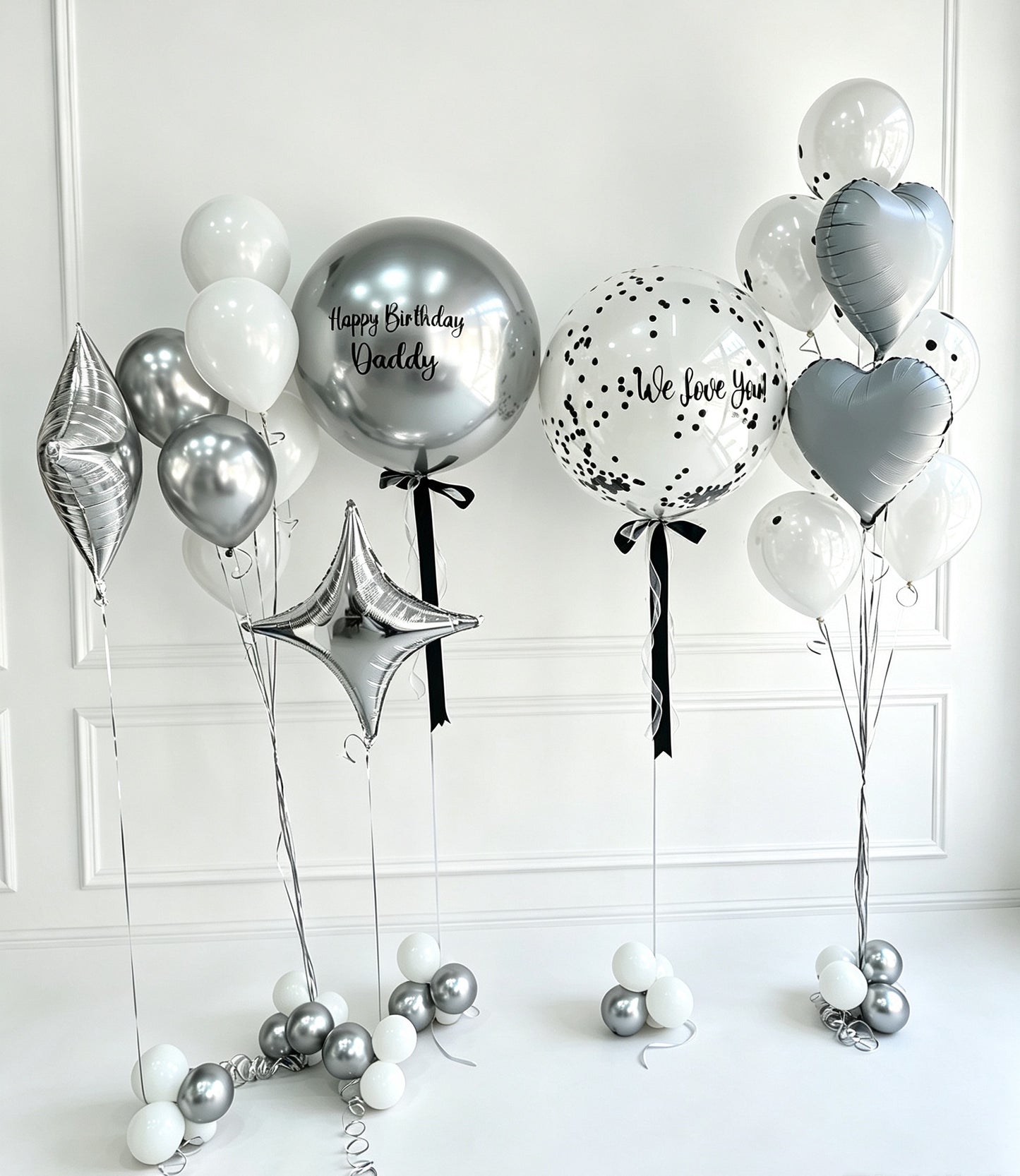 Personalised Silver, Clear with White & Silver Confetti Black Ribbons Customize Sticker, Starpoint, Latex Helium Bunch White Silver, White Heart - Perfect for any occasions!