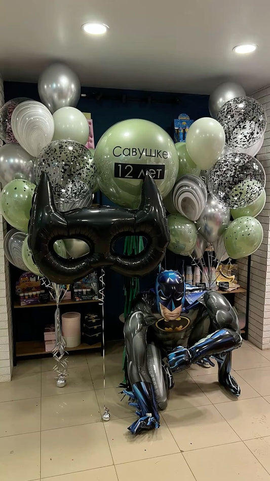 Personalised Clear with Green Latex and Customize Sticker, Batman Self-Standing, Batman Musk and Latex Helium Bunch Silver, 18-inches Clear with Confetti and Green - Superhero, Marvel-Themed, Batman-Themed Perfect for any Occasions