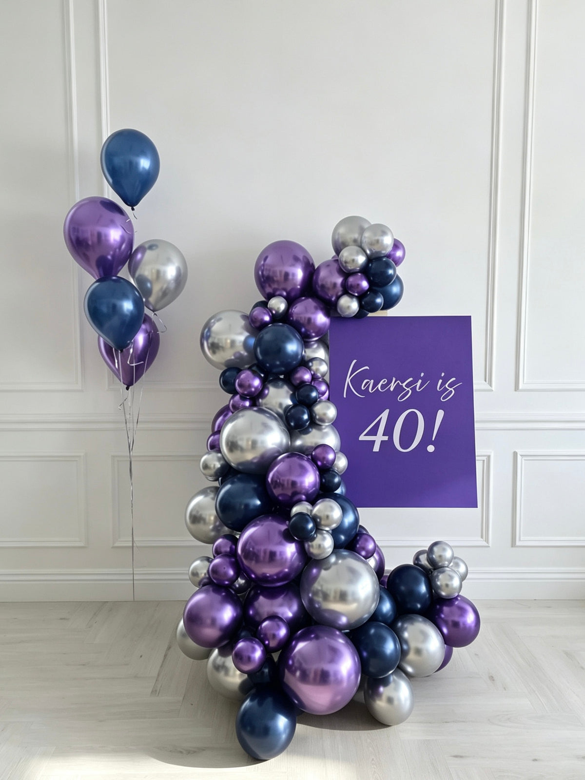Customizable Board Design with Wooden Stand Welcome Board with Balloons Chrome Theme Purple Blue Silver and Helium Latex Bunch - Customizable for any occasions!