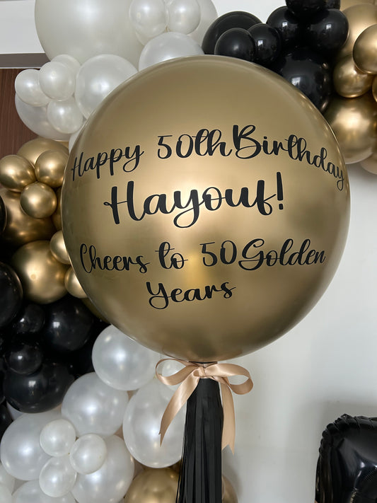 Personalise Latex Balloon with Customizable Sticker, and Black Tassel and Black Ribbons Accents Pillar/Column/Tower – Perfect for Any Elegant Celebrations