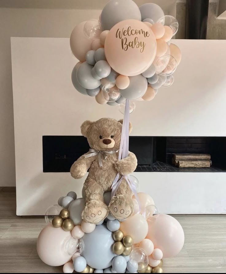 Hospital or Home Welcoming Baby Balloon Teddy Bear with Customize Sticker Balloons Dusty Blue Light Gold Beige - Perfect for special occasions Baby Shower Welcome Baby Newborn