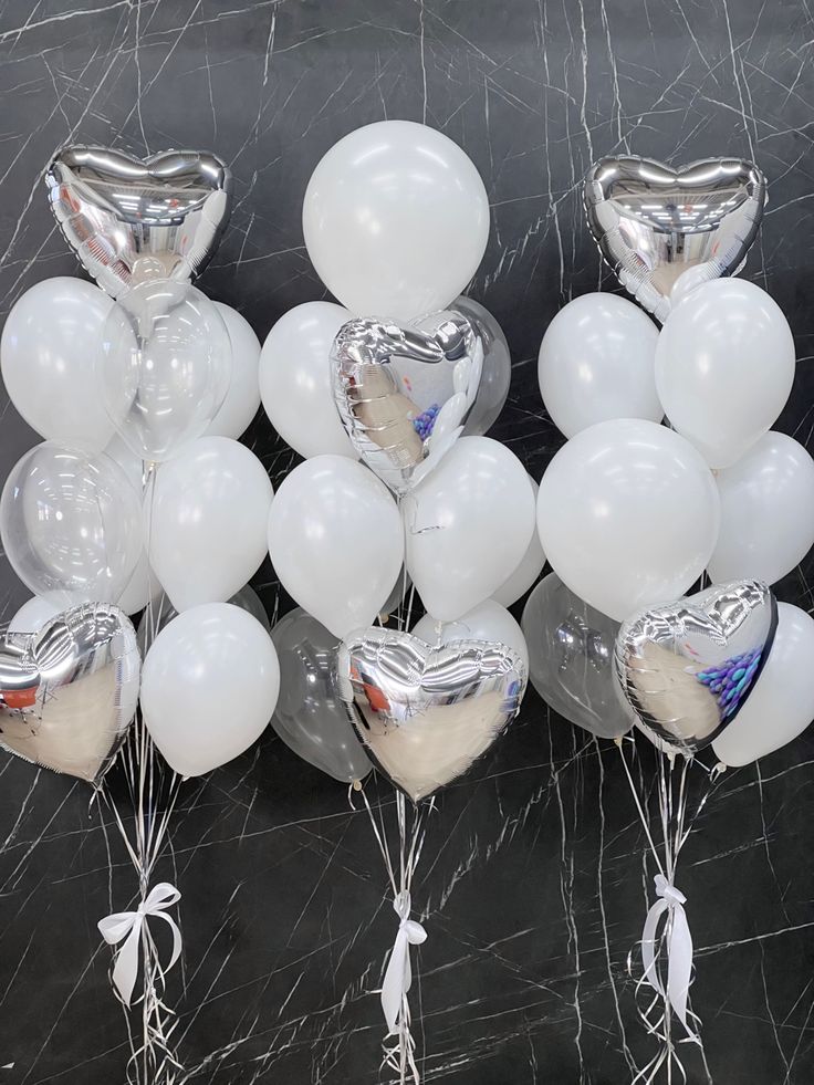 25pcs White and Clear 10" and 3pcs 18" Latex with 8pcs Silver Heart-Shaped Helium Foil Balloons Bunch with Bow Tie - Valentine's, Anniversary Perfect for special occasions!