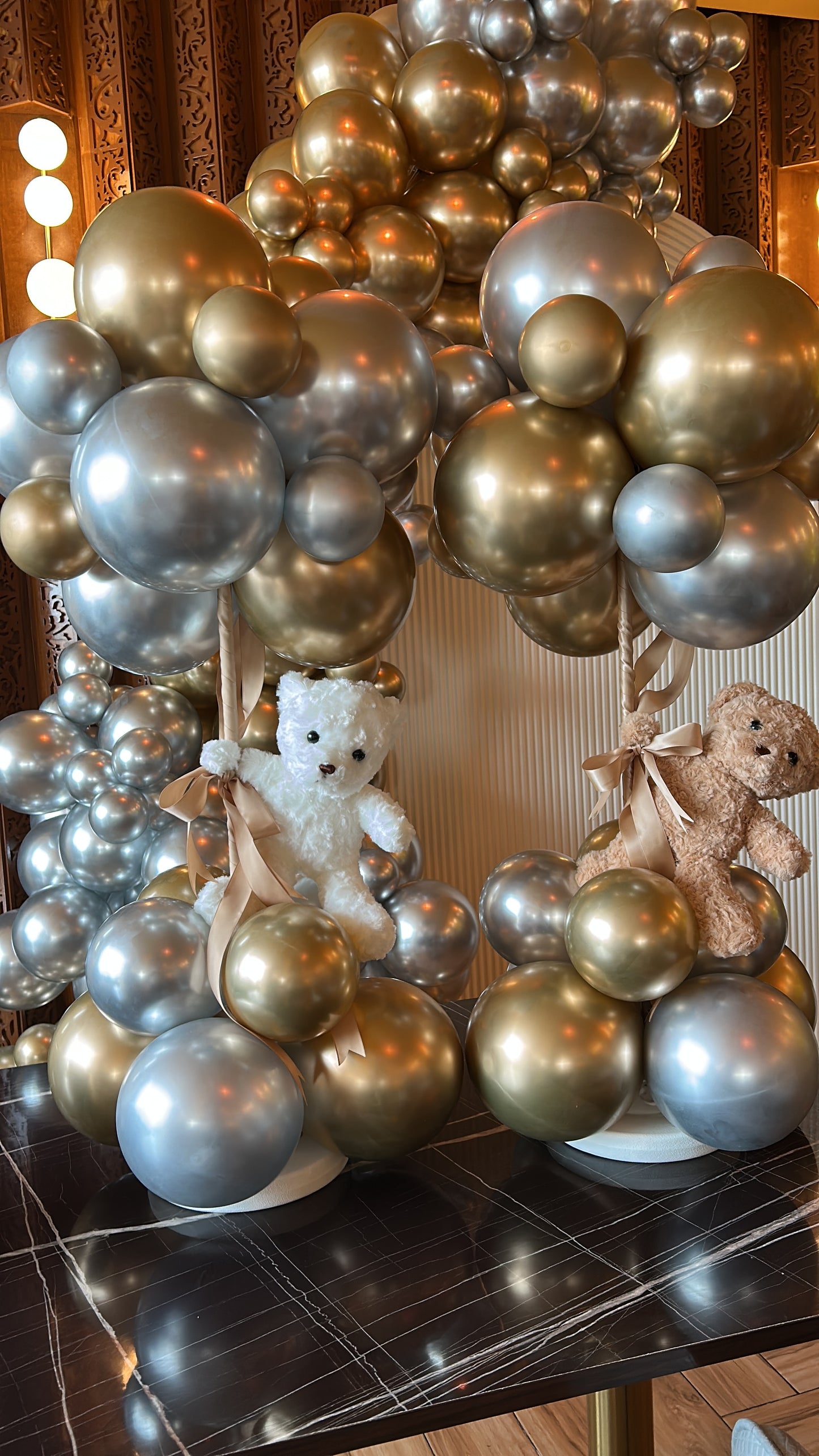 Customizable Balloon Gold and Silver Centerpiece with Teddy Bear and Ribbons - Perfect for any Occasions