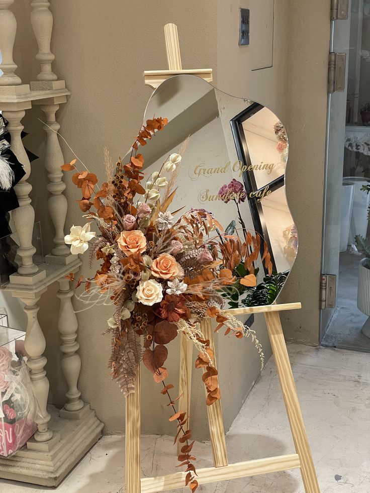 Wooden Stand with Mirror Frame Customizable with Sticker and Artificial Flowers - Perfect for special occasion!