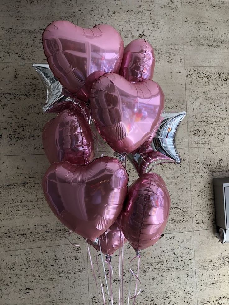 Helium Balloons Bunch Silver Star-Shaped and Heart-Shaped Pink with Pink Strings - Perfect for any Occasions