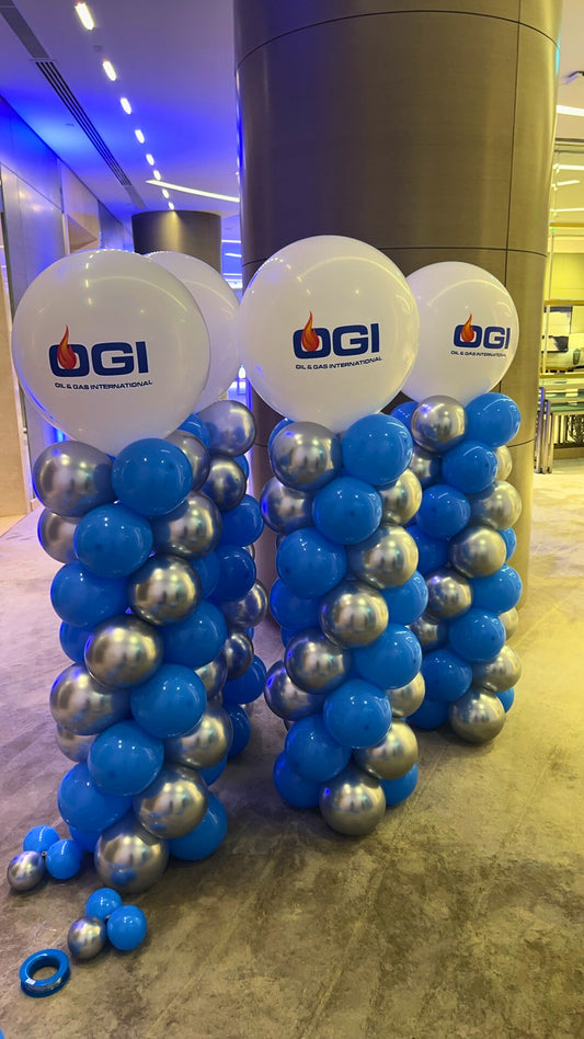 Personalised Balloon White, Blue and Silver Corporate Event Pillar/Column/Tower with Customizable Company Logo Stickers – Perfect for Any Vibrant Celebrations