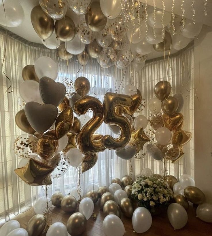 Helium Balloon Two Number Set Gold '25' with Latex Ceiling and Floor Light Gold, Pearl White and Clear with Confetti White with Heart and Star Foil Balloons - Birthday, Corporate Event, Grand Opening, Company Event Perfect for special occasion!