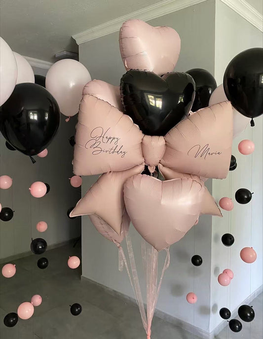 Foil Helium Bunch Pink Bow with Customize Sticker and Black Pink Hearts, Latex Helium Pink and Black with Mini Balloons - Perfect for any celebrations!