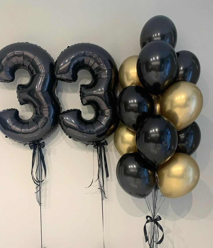 Helium Balloon Set of 13pcs Black and Gold and Latex Bunch with Number ‘33’ Balloon and Black Ribbons - Perfect for any Occasions