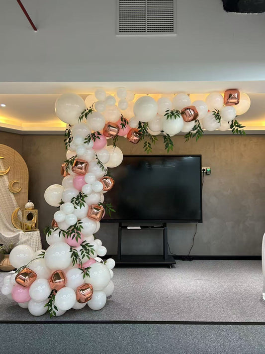 Balloons White and Pink with Rose Gold orbs and Artificial Leaves Decor Setup - Perfect for special occasions