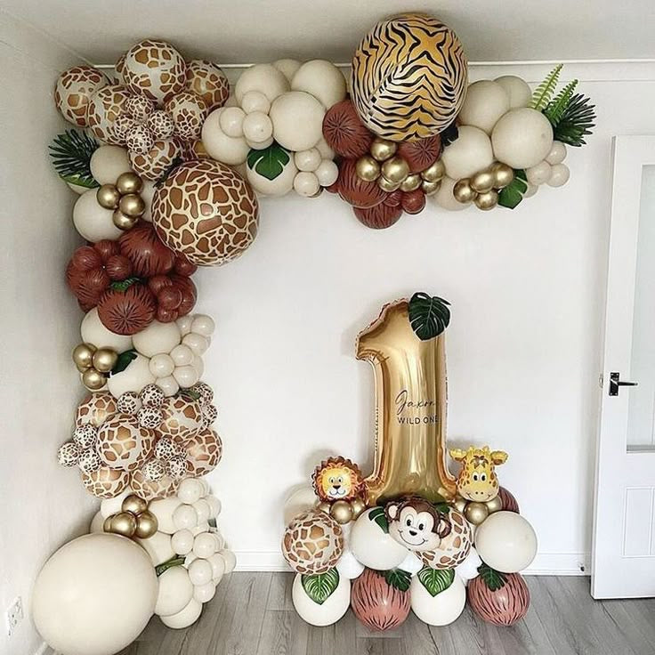 Balloon Dust White, Burgundy and Animal Printed Chain Decor with Number ‘1’ Balloon on Stand with Mini Giraffe, Lion and Monkey - Animal-Themed Customizable and Balloon Design