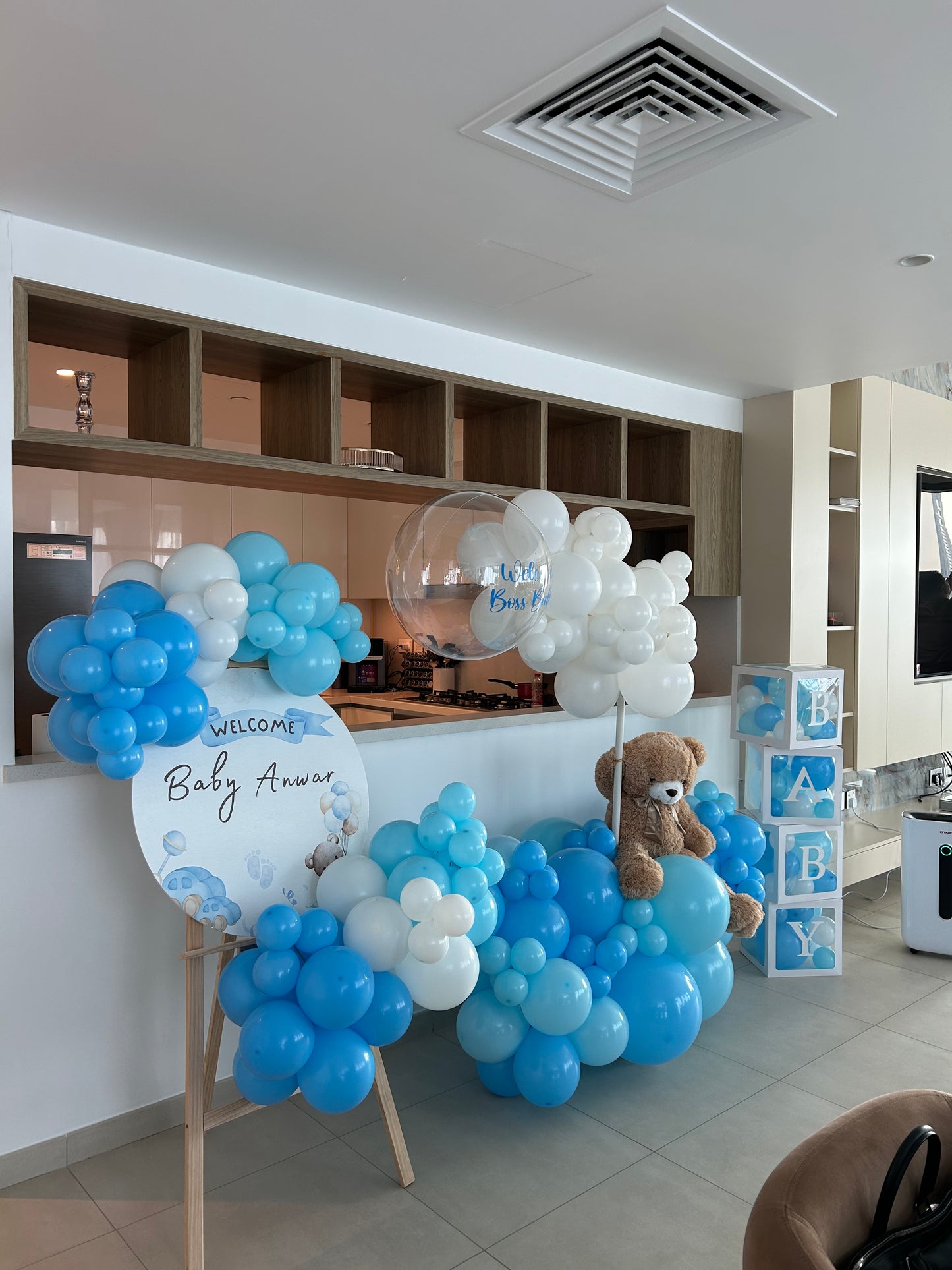 Hospital or Home Welcoming Baby Balloon White Blue with Customize Sticker Teddy Bear and Customize Welcome Board, BABY Box with Mini Balloons - Perfect for special occasions