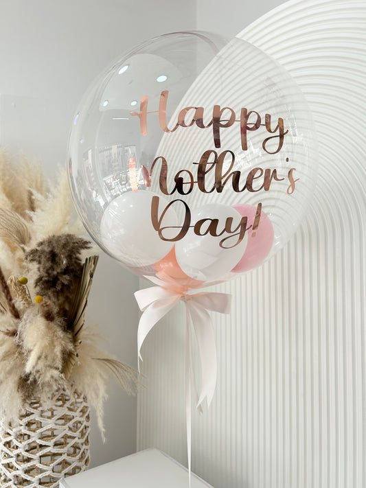 Personalised Mother’s Day Helium Bubble Balloon with Pink&White Latex, Rose Gold Stickers and Pink Ribbon