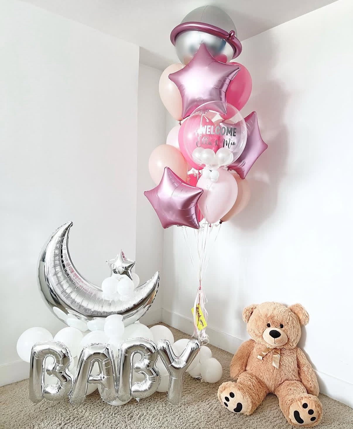 Hospital or Home Welcoming Baby Balloon BABY moon Platform Helium Bunch Personalised Stars Orbs Latex Pink Hot Pink White Teddy Bear - Perfect for special occasions Baby Shower Welcome Baby Newborn