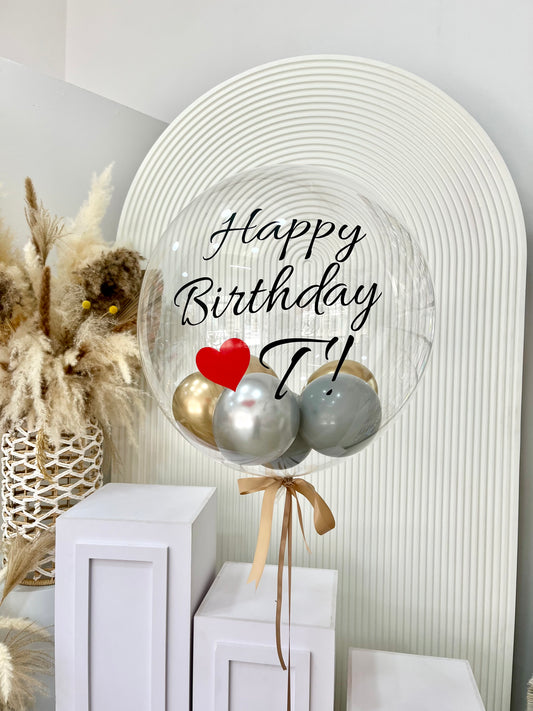 Personalise Clear Balloon with Customizable Sticker with Mini Latex Gray, Silver and Light Gold and Light Gold Ribbons – Perfect for Any Elegant Celebrations