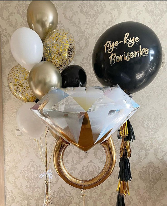 Personalised Clear with Black Latex and Customize Sticker, Engagement Gold Diamond Ring and Helium Bunch Black, White, Clear with Confetti and Gold - Bridal Shower Perfect for Special Occasions!