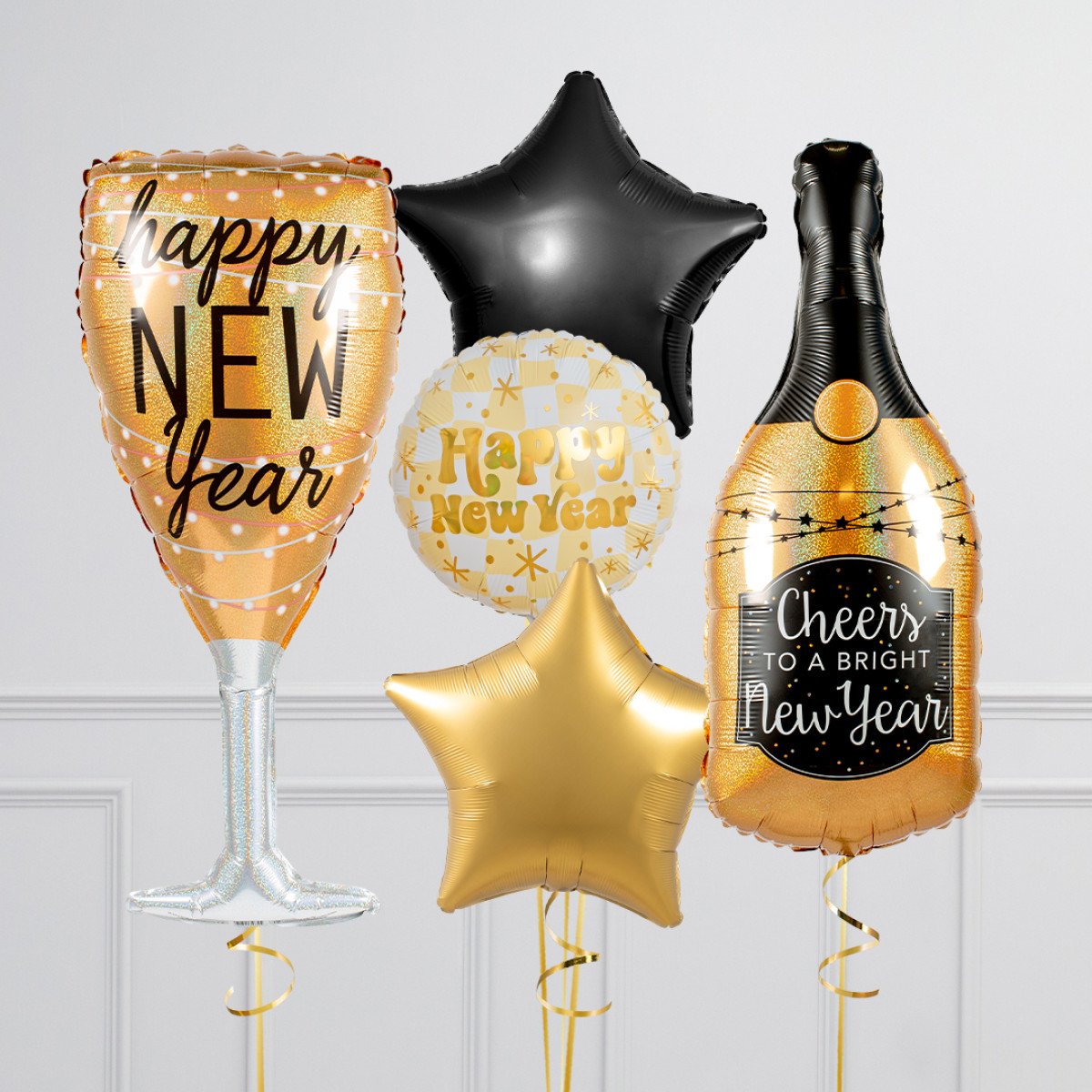White, Gold and Black New Year's Eve Balloon Set - Champagne Glass, Bottle, Star Balloons, and 'Happy New Year' Designs