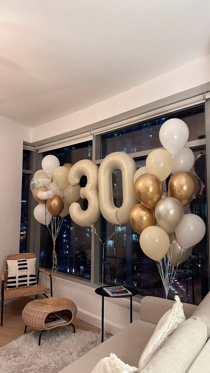 Pesonalised Clear with Mini White Latex, Ribbons and Customize Sticker Helium Balloons, Two Number Set Beige '30' and Latex Beige, White, Gold and Silver Bunch - Perfect for any Occasions!
