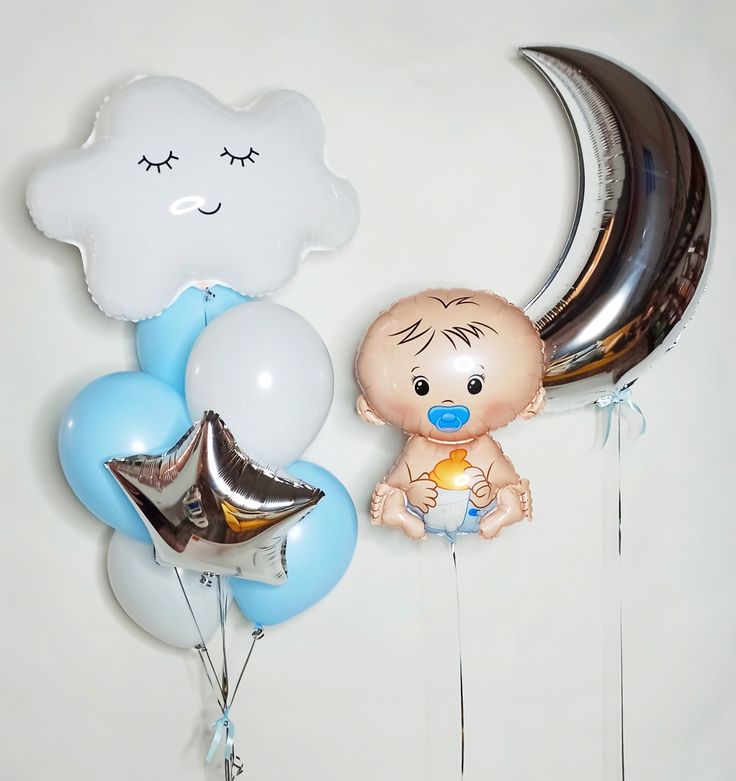 Baby Boy Foil Helium, Silver Moon Helium with Latex White and Blue with Silver Star and White Cloud Balloons Bunch - Baby Shower, Perfect for special occasions!