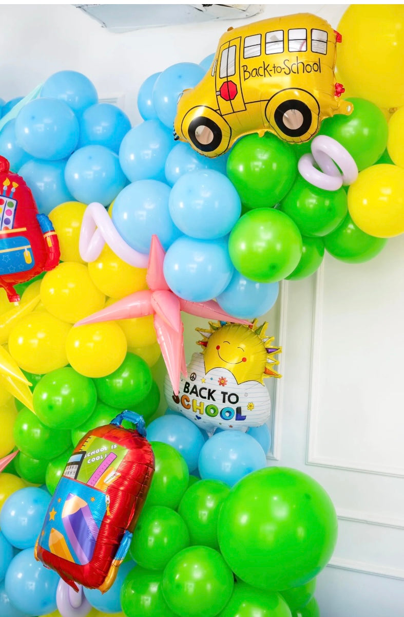 Balloon Blue, Yellow and Green Wall Decor Bus, Pencil, Backpack and ‘Back to School’ Foil Balloons with Setup - Customizable for special school occasions