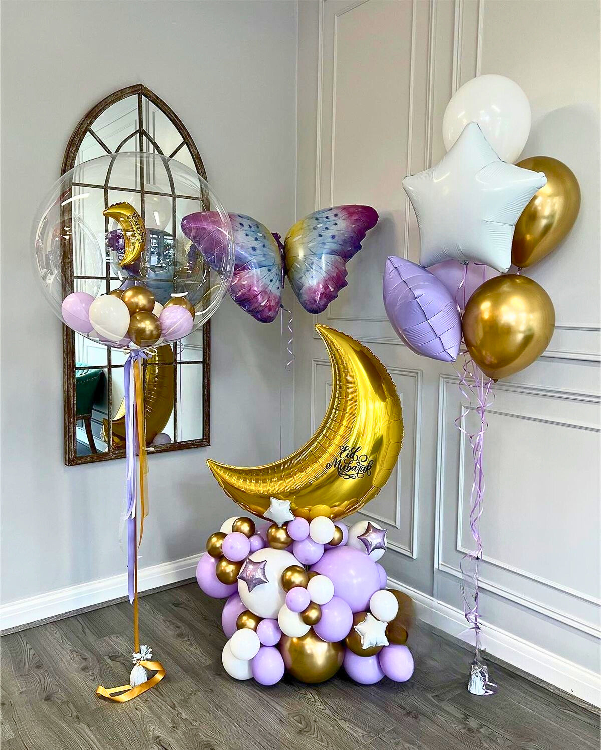 Personalised Ramadan Balloon Purple, White, Gold with Gold Moon on Stand and Purple Butterfly Set – Ramadan Celebration Decor