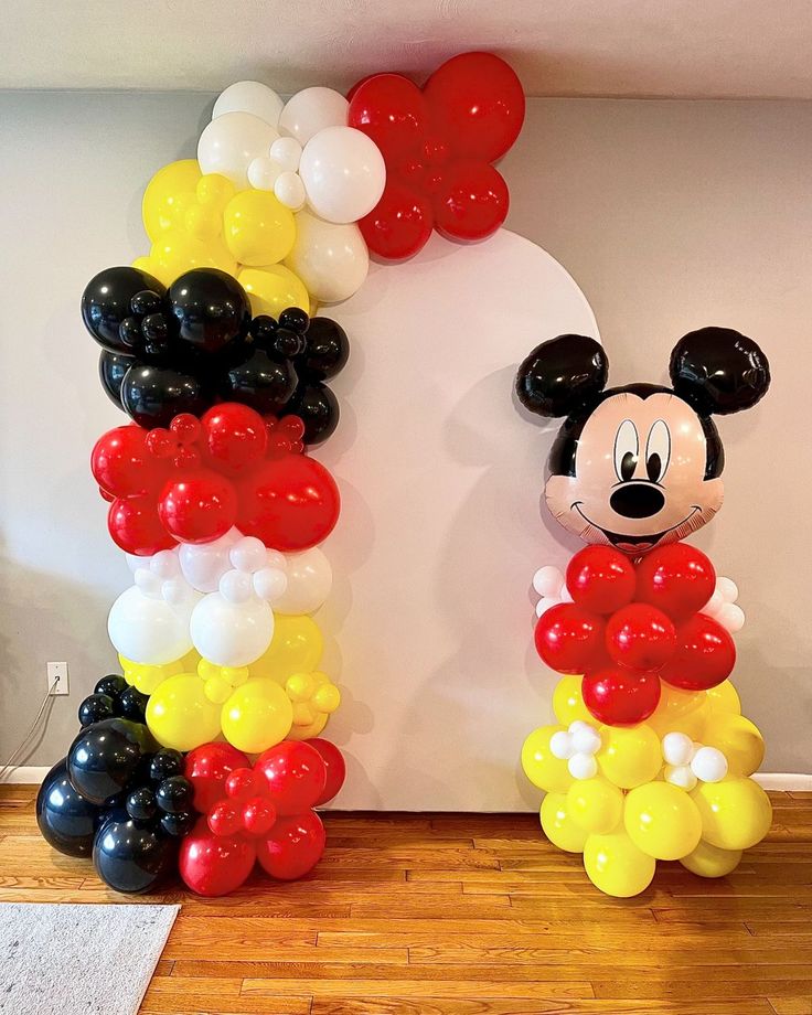 Customizable Backdrop Mickey Mouse-Themed with Balloons Black, Read, Yellow and White Decor Setup - Perfect for special occasions