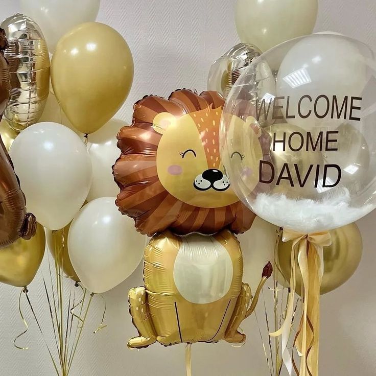 Personalised Helium Balloon Clear with Customizable Sticker and Beige, Sand White Latex and Silver Heart-Shaped Foil in Bunch, Lion Animal Balloons and Ribbons - Perfect for any Occasions