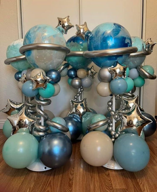 Personalised Blue, Green and Beige Galaxy-Themed with Silver Stars Accents Pillar/Column/Tower – Perfect for Any Celebrations