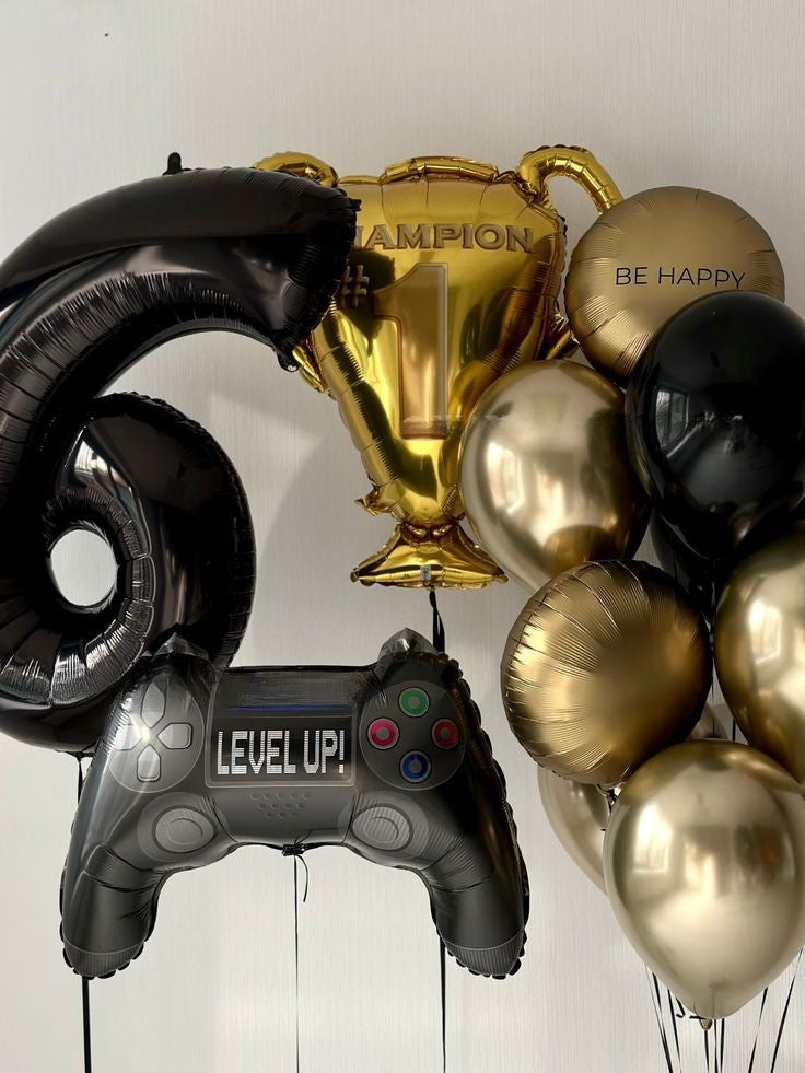 Helium Balloon Single Number Set of Black Numbers ‘6’ Balloon, Gold Champion Trophy, Game Controller and Circle Gold with Customize Sticker and Latex Helium Bunch Light Gold and Black - Gamer-Themed Game-Themed Perfect for any Occasions