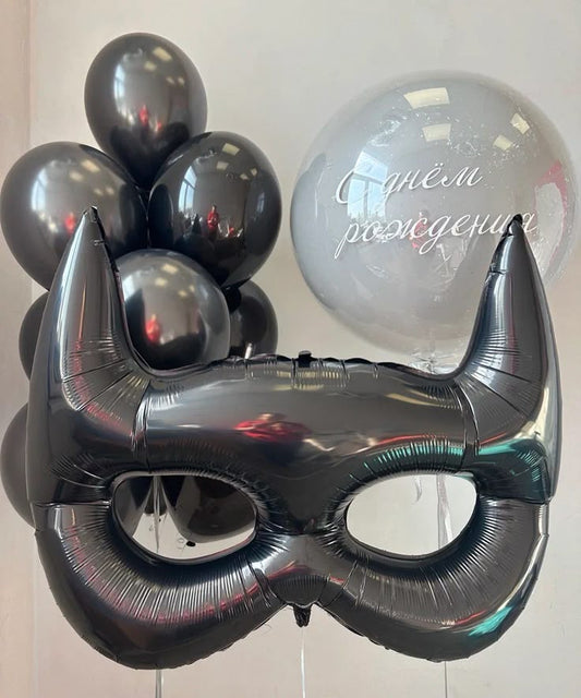 Personalised Clear with Gray Latex and Customize Sticker, Batman Musk and Latex Helium Bunch Black - Superhero, Marvel-Themed, Batman-Themed Perfect for any Occasions