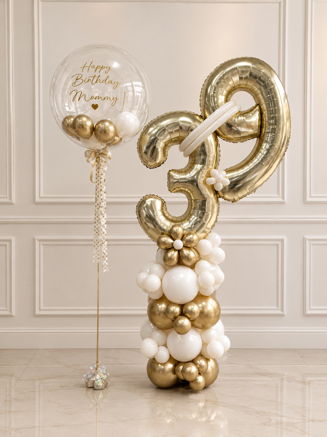 Personalised Helium Clear with Mini Balloons and Number Balloon on Stand 39 Balloons Colors Light Gold Beige - Perfect for Birthdays!