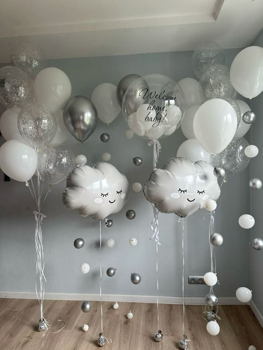 Personalised Clear with Sticker, Latex Silver, White and Clear with Confetti Balloons Bunch and White Clouds Foil Helium with Mini Balloons accents - Baby Shower, Perfect for special occasions!
