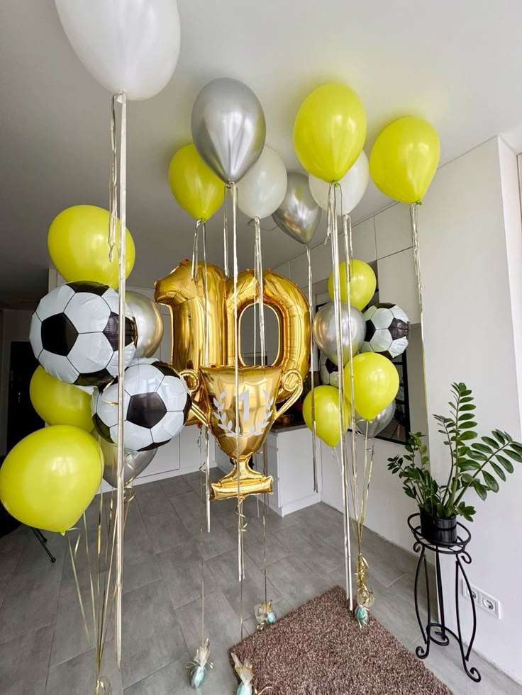 Balloon Two Number Set of Gold Number ‘10’ Balloon with Lime Green, Silver, White, Champion and Soccer Ball Helium Ceiling and Bunch - Sports-Themed, Football-Themed, Soccer-Themed Perfect for any Occasions