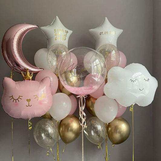 Personalised Clear with Feather and Sticker, Pink Moon Helium with Latex Light Gold, White, Pink and Clear with Confetti with White Clouds Balloons Bunch, Pink Crowned Cat and White Star with Customize Sticker - Baby Shower, Perfect for special occasions!