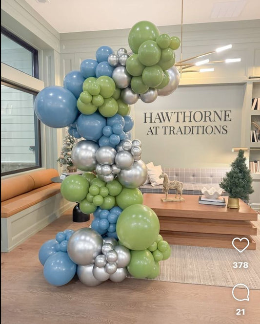 Organic Arrangement Garland Balloon Green, Blue and Silver - Perfect for special occasion