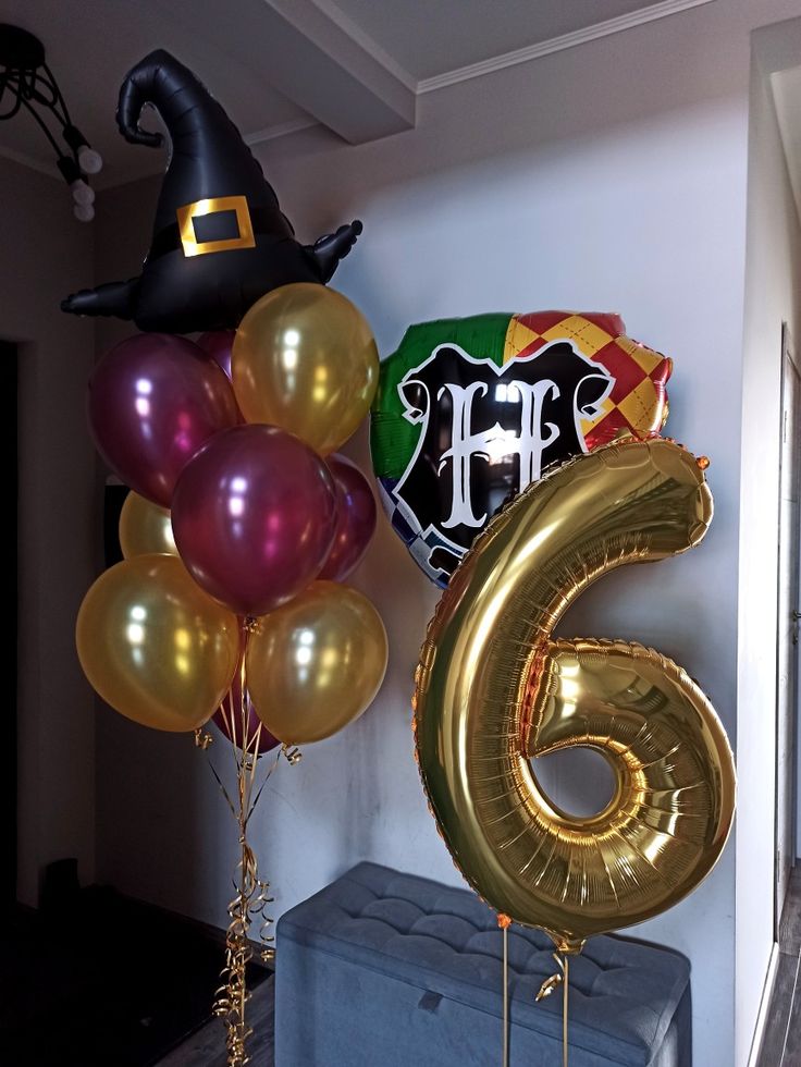Helium Balloon Single Number Set of Gold Number ‘6’ Balloon, Harry Potter Flag, Witch Hat with Latex Helium Bunch Burgundy and Yellow - Harry Potter-Themed Perfect for any Occasions