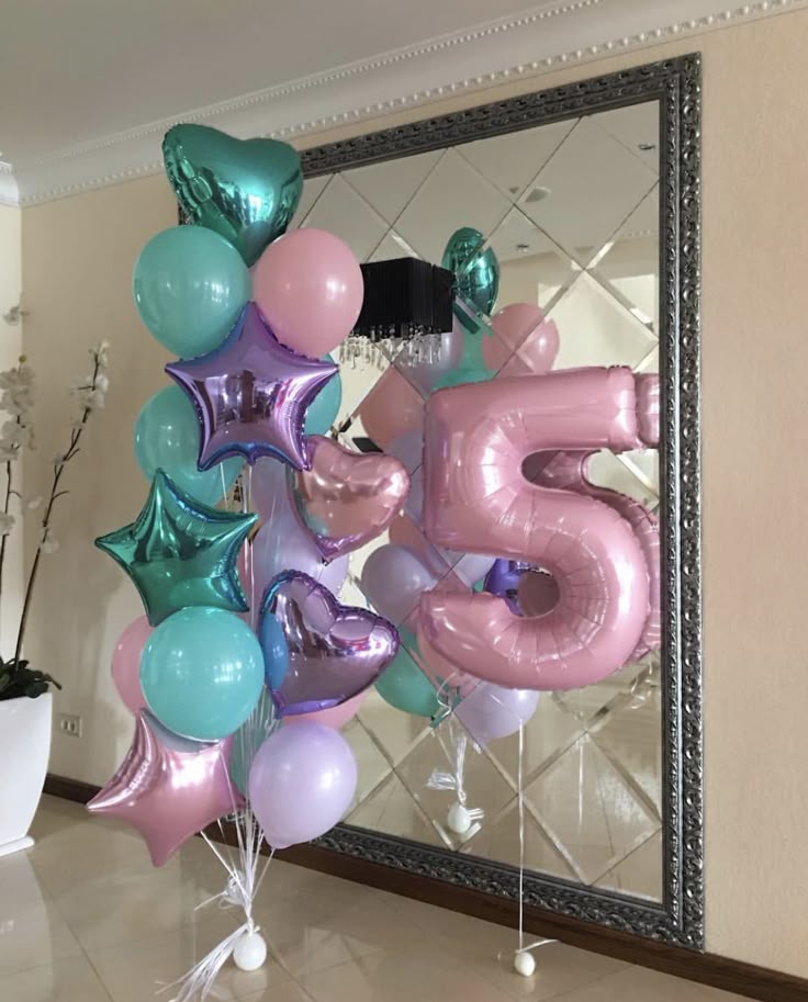 Helium Balloons Single Number Set Pink '5' with Heart-Shaped, Star-Shaped Latex Mint Green, Purple and Pink Bunch - Mermaid-Themed Under The Sea-Themed Perfect for any Occasions!